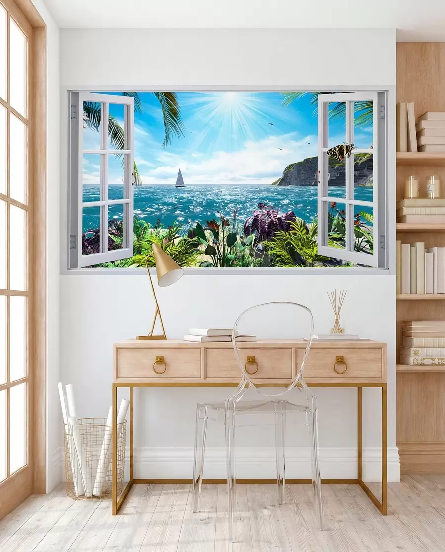 wall murals Поглед са прозора до мора и јахте u54608