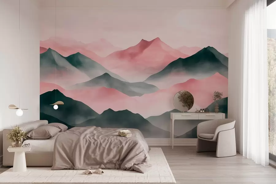 wall murals Планински пејзажи, акварел стил, магла, розе и сива w03548v1