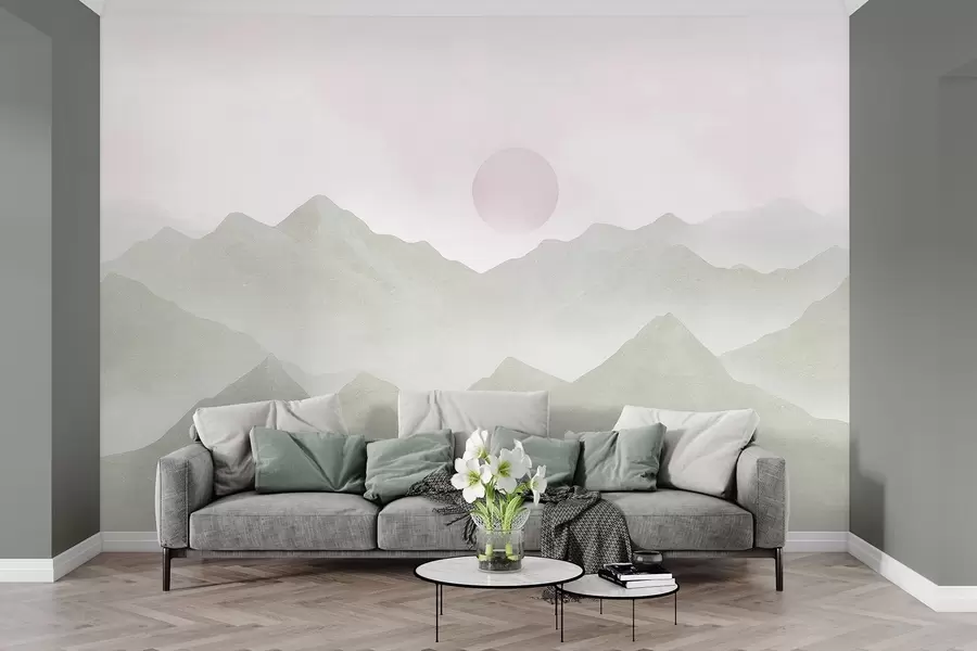wall murals Бохо стил планине пејзаж, залазак сунца, меки пастел, зелена w03547
