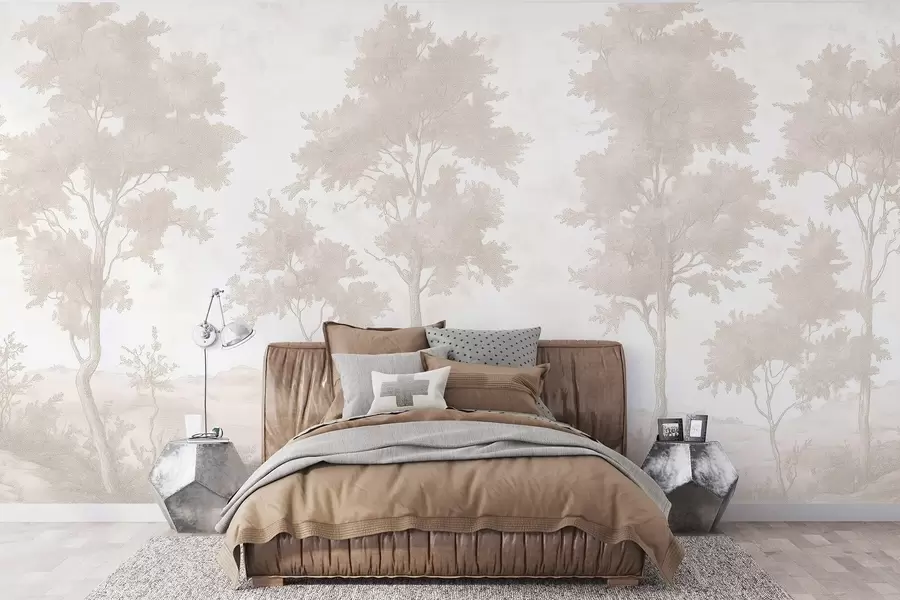 wall murals Дрвеће на брду, цртеж у пастелном стилу, беж боје, рустикални w03550