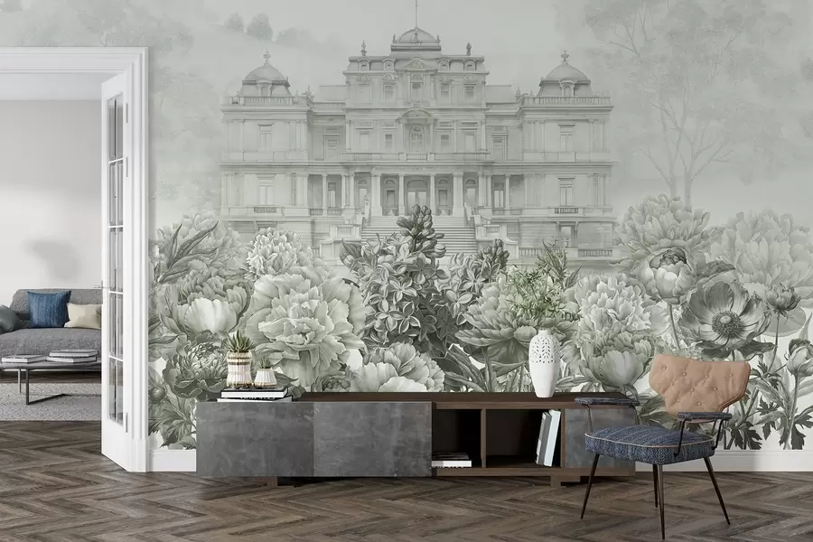 wall murals Краљевска палата са вртом божура, стил акварела, природа, зелене боје, бохо w03552v2