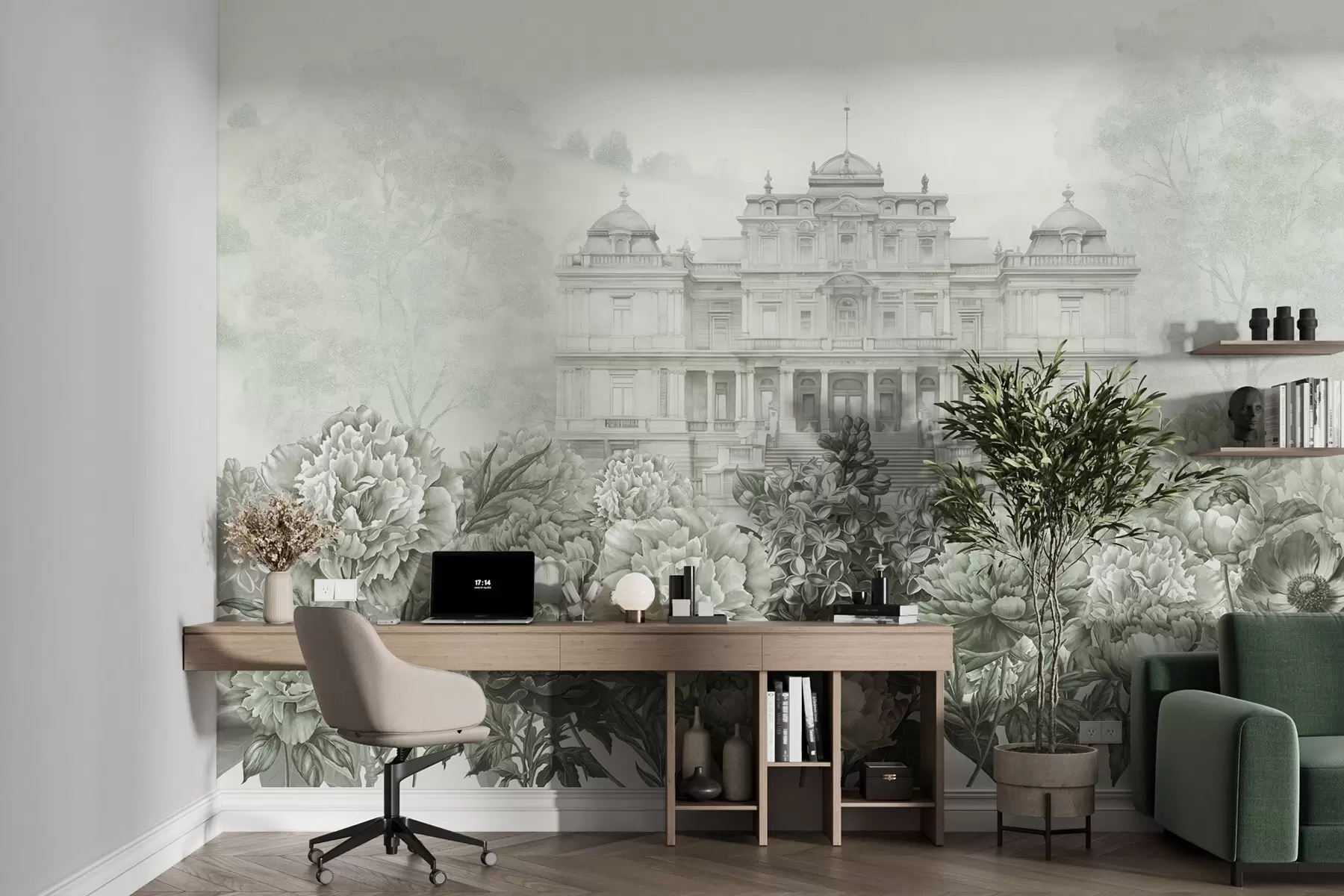 wall murals Краљевска палата са вртом божура, стил акварела, природа, зелене боје, бохо w03552v2