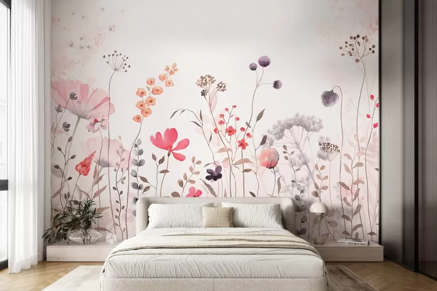 wall murals Дивље цвеће у стилу акварела са маком, хризантемама, маслачцима и травом w08956