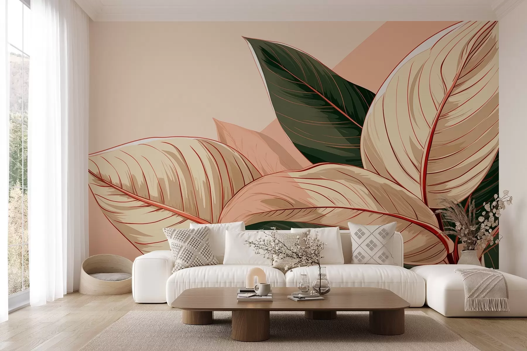 wall murals Зелено-беж велики тропски листови са ружичастим фрагментом w08970