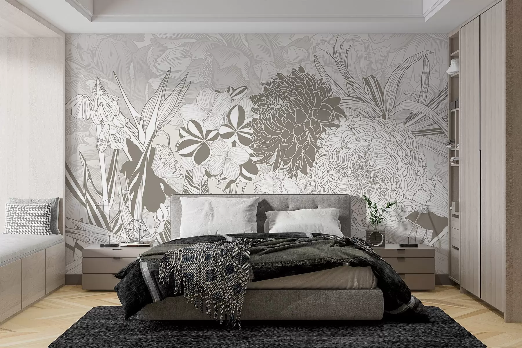 wall murals Цвеће и лишће у беж тоновима, укључујући хризантеме, плумерију и тропско лишће, ботанички дизајн w08976