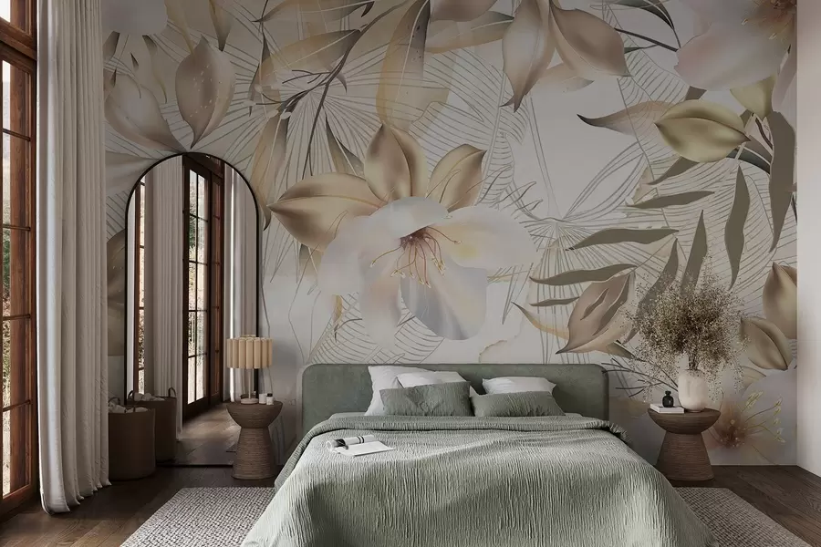 wall murals Цвеће и листови јасмина, нежне боје, ботаничка илустрација, цветна позадина, елегантан дизајн, деликатне латице w08977