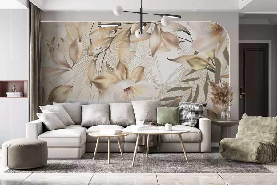 wall murals Цвеће и листови јасмина, нежне боје, ботаничка илустрација, цветна позадина, елегантан дизајн, деликатне латице w08977