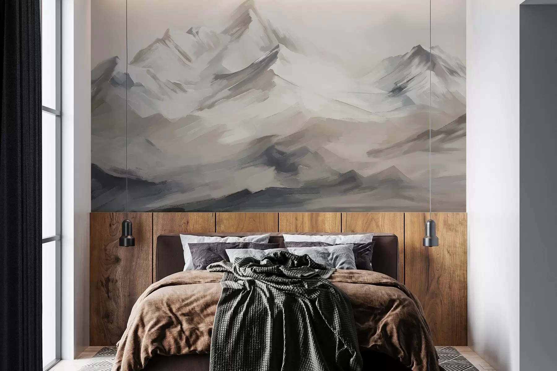 wall murals Планински пејзаж са светлим небом, потези четкице, неутралне беж и сиве боје, планински венац w08980