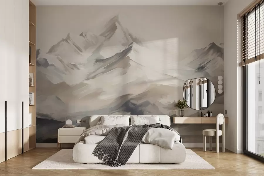 wall murals Планински пејзаж са светлим небом, потези четкице, неутралне беж и сиве боје, планински венац w08980
