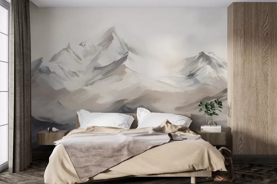 wall murals Планински пејзаж са светлим небом, потези четкице, неутралне беж и сиве боје, планински венац w08980