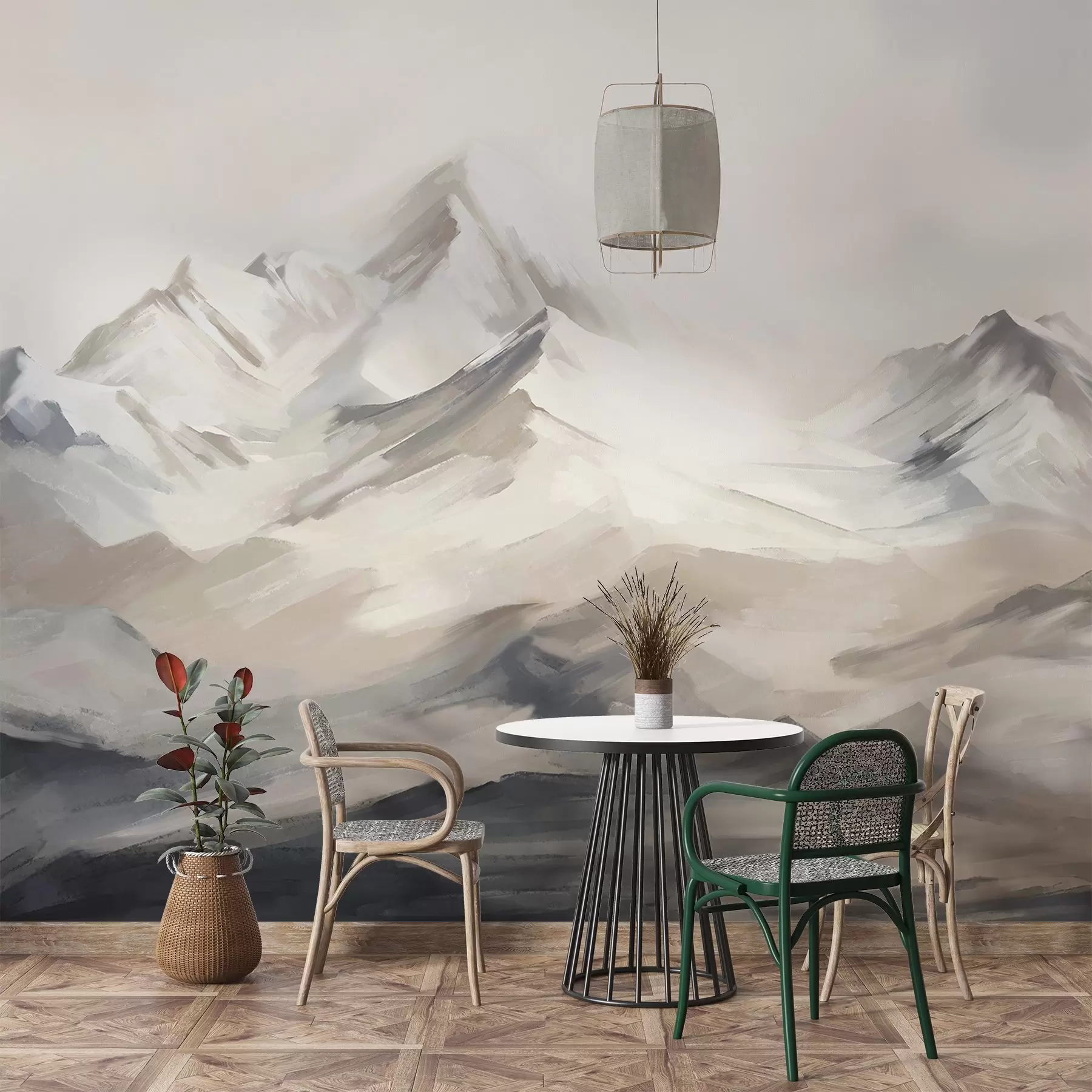 wall murals Планински пејзаж са светлим небом, потези четкице, неутралне беж и сиве боје, планински венац w08980