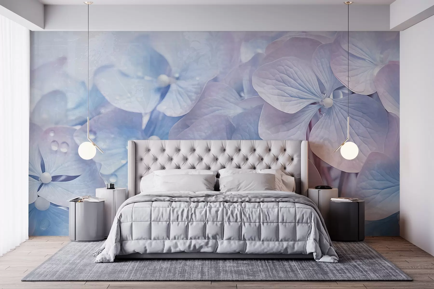 wall murals Винтаге текстурирано плаво и розе цвеће хортензије са капљицама воде на латицама, замагљена ружичаста позадина w08981