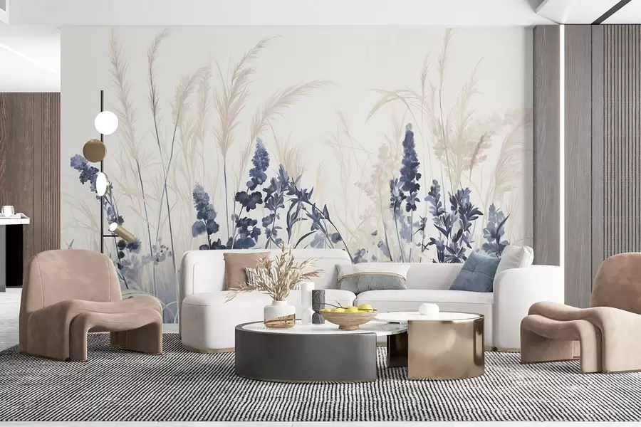 wall murals Плаво цвеће и беж трска у пољу, минималистичка текстура сликања, светла позадина, меке боје, деликатни потези четкицом w08982