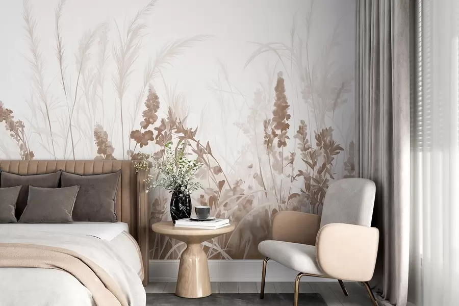 wall murals Смеђе цвеће и беж трска у пољу, минималистичка текстура сликања, светла позадина, меке боје, деликатни потези четкицом w08982v1