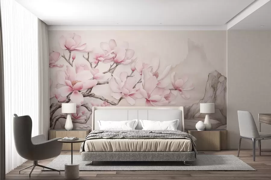 wall murals Акварел магнолија грана преко стене w03655