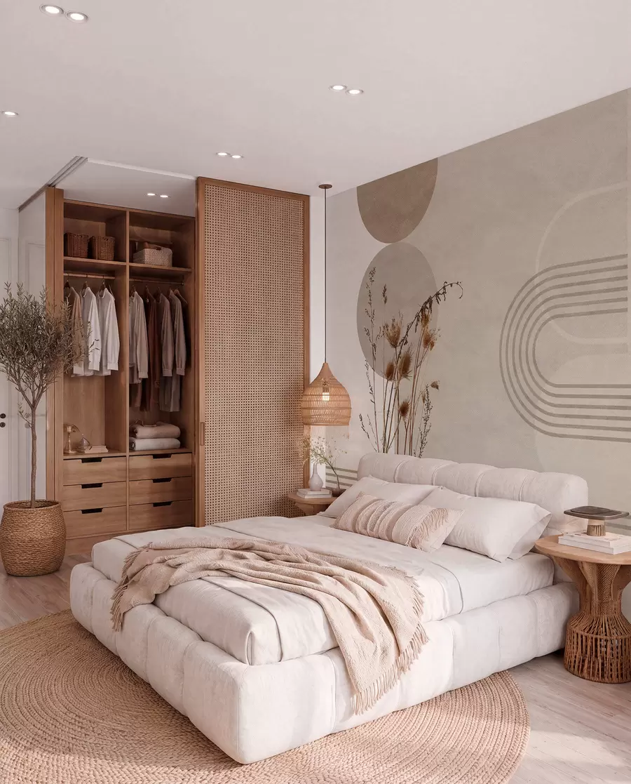 wall murals стилска геометрија и суво цвеће у беж тоновима w03449