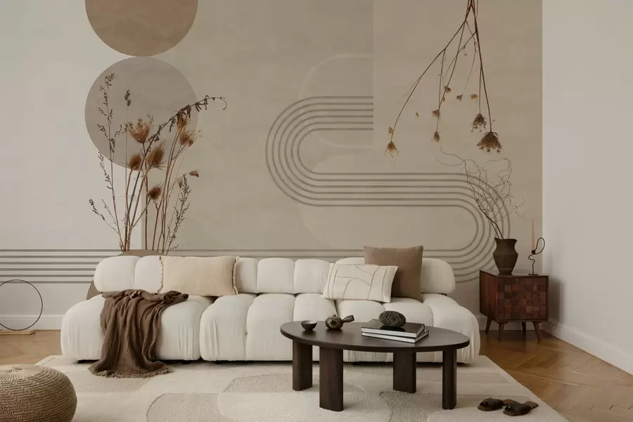 wall murals стилска геометрија и суво цвеће у беж тоновима w03449