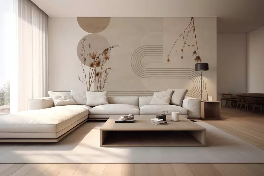 wall murals стилска геометрија и суво цвеће у беж тоновима w03449