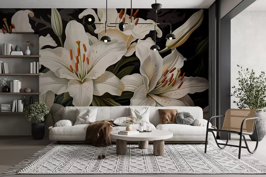 wall murals Елегантно велико бело цвеће на тамној позадини w08983