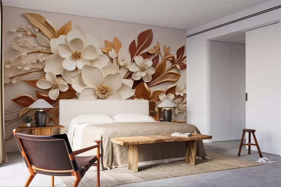 wall murals 3Д цвеће са листовима у оригами стилу у беж тоновима w08984