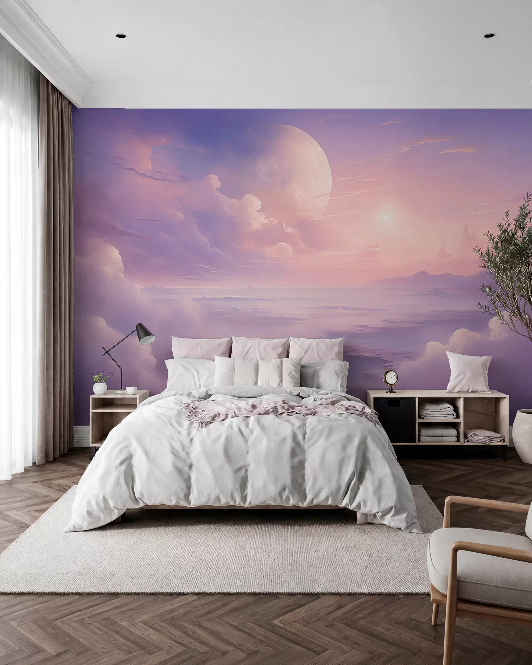 wall murals Магично љубичасто-розе небо са месецом и облацима w08986