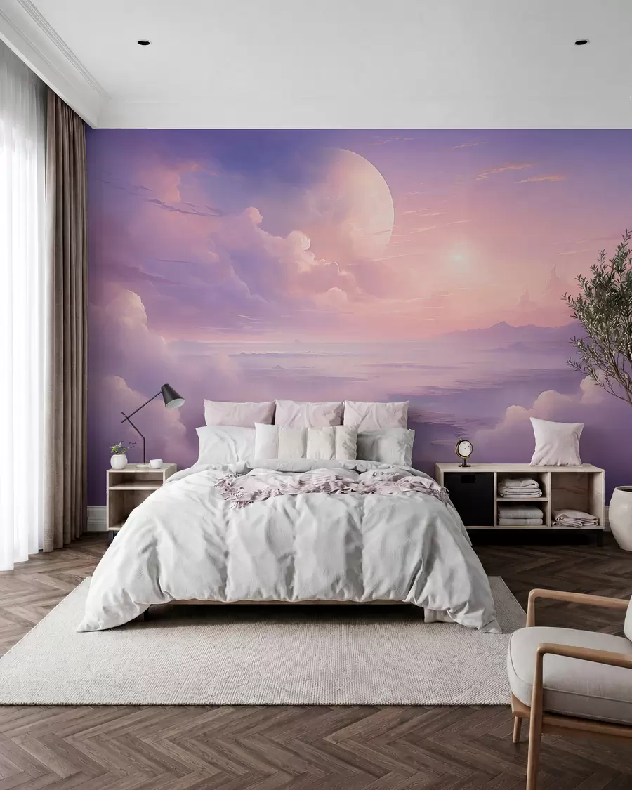 wall murals Магично љубичасто-розе небо са месецом и облацима w08986