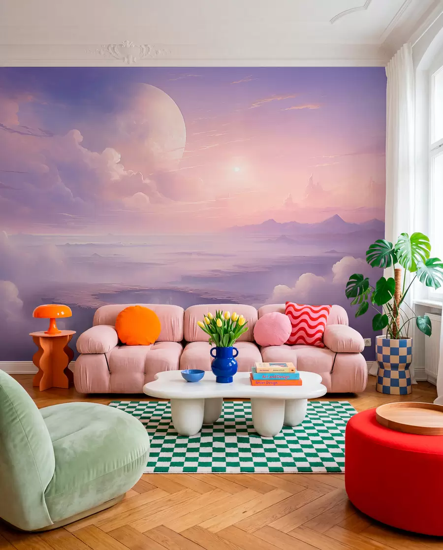 wall murals Магично љубичасто-розе небо са месецом и облацима w08986