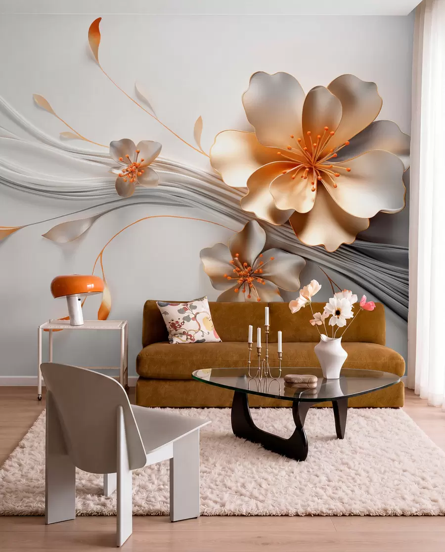 wall murals Наранџасти цвет на сивој апстрактној позадини w09004