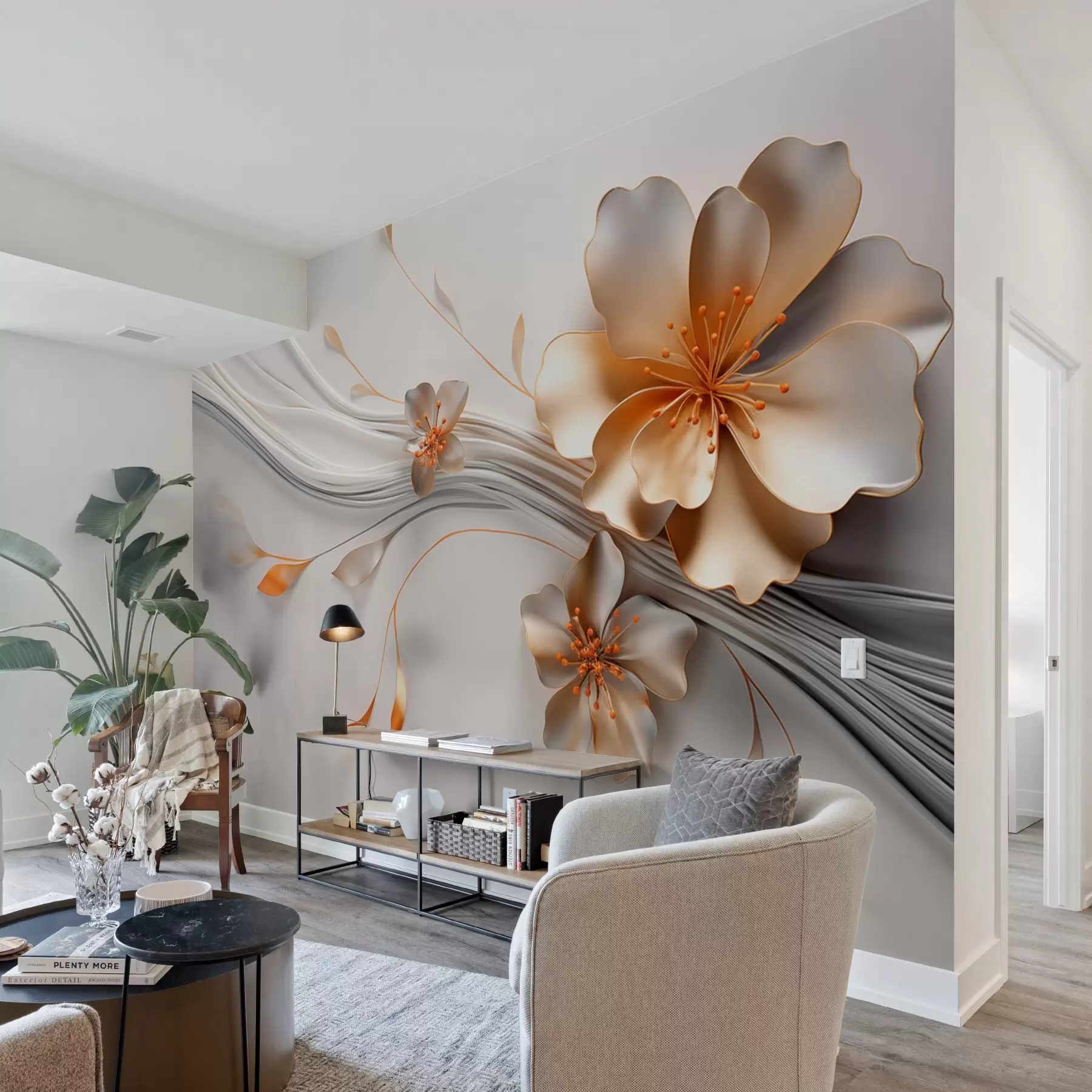 wall murals Наранџасти цвет на сивој апстрактној позадини w09004