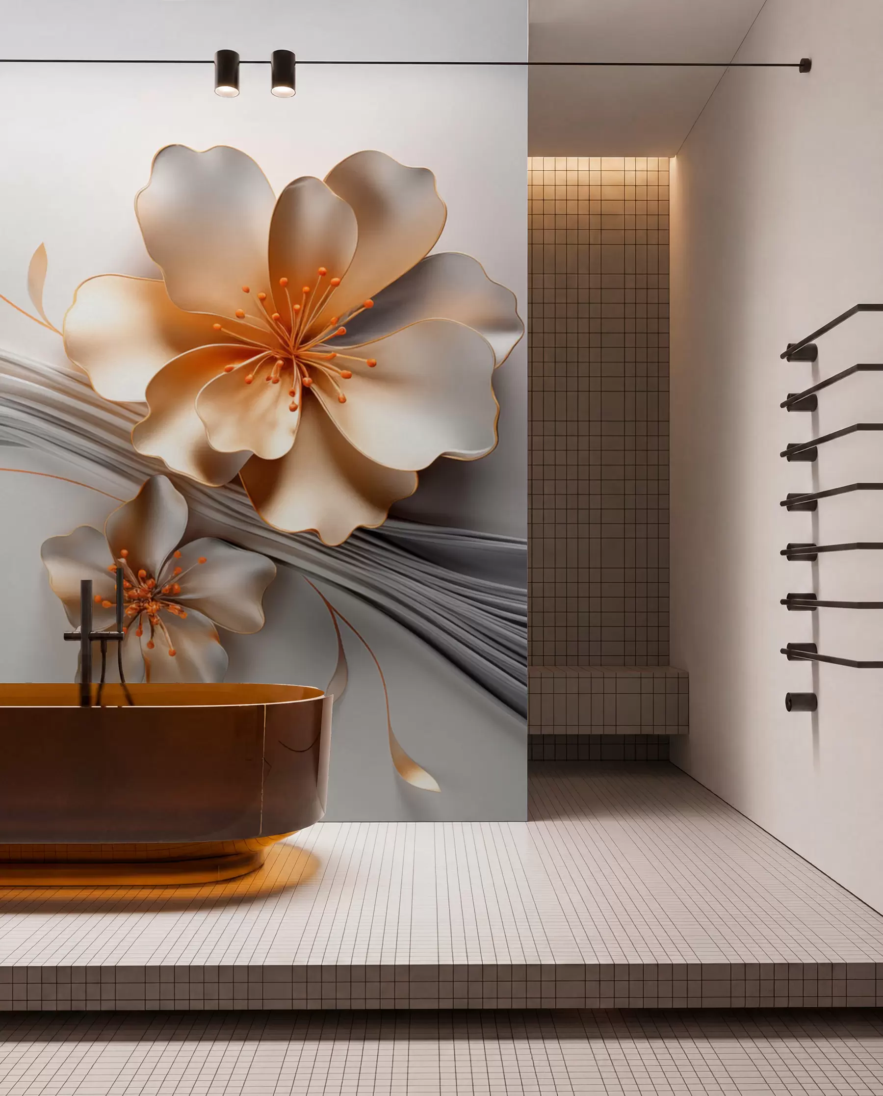 wall murals Наранџасти цвет на сивој апстрактној позадини w09004