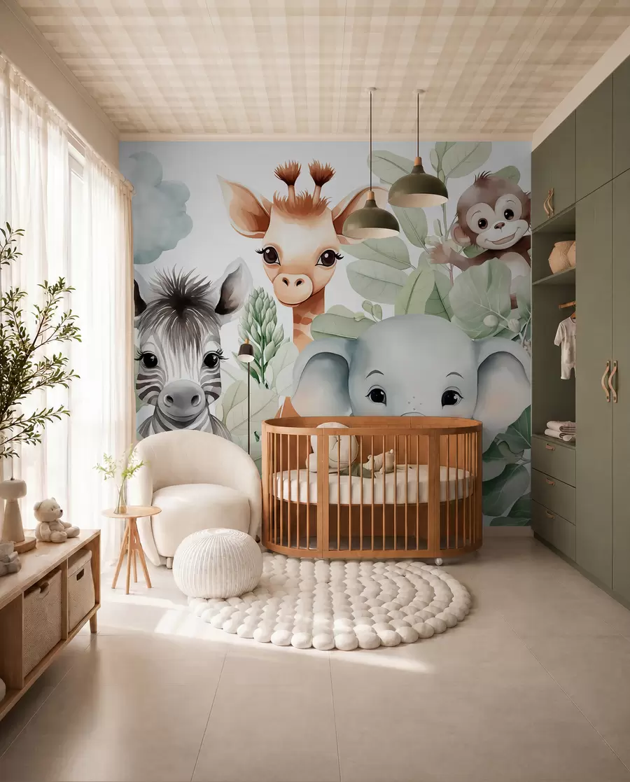 wall murals Жирафа, зебра, слон и мајмун међу лишћем w03677