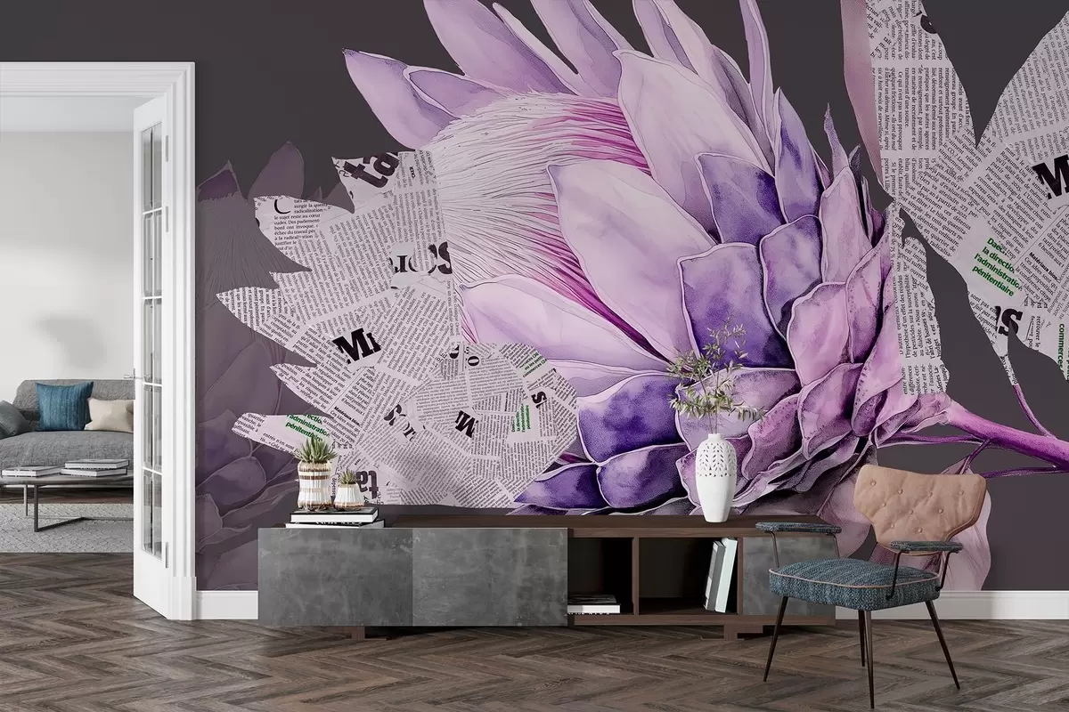 wall murals Цвеће протеа, новинска уметност, цветно, тропско, тамна позадина, љубичасте боје w03667v2