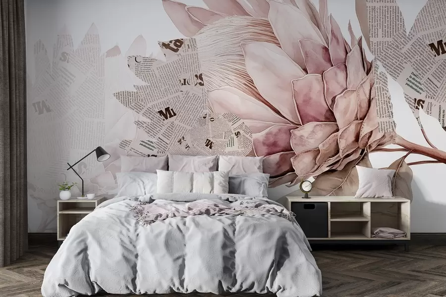 wall murals Протеа цвеће, новинска уметност, цветне, тропске, пастелне беж боје w03667v4