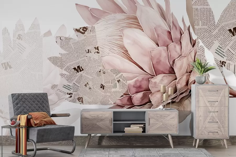 wall murals Протеа цвеће, новинска уметност, цветне, тропске, пастелне беж боје w03667v4