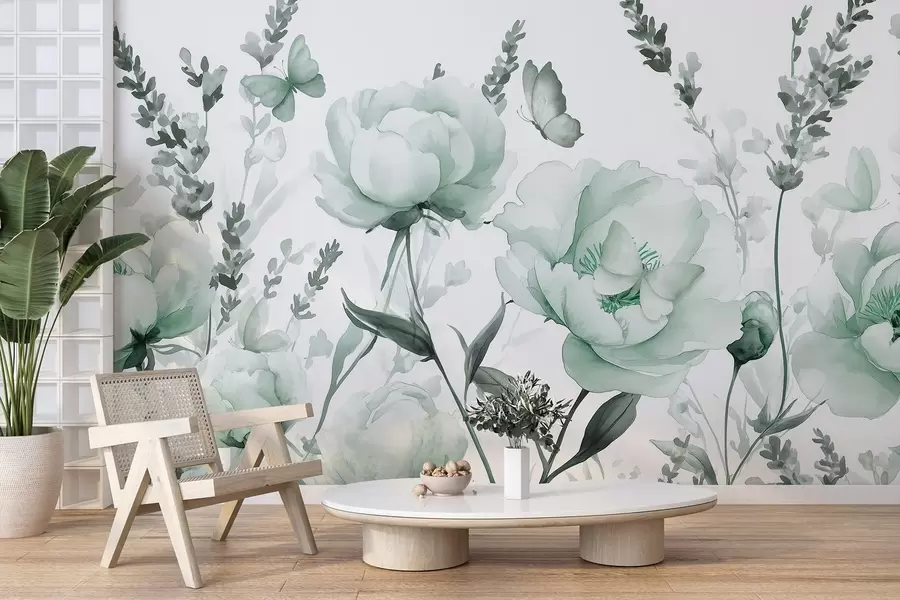 wall murals Цветна ливада, божури, лаванда, лептири, акварел стил, зелене боје w03668v1