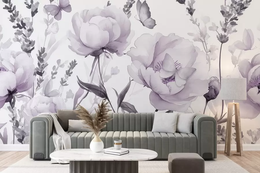 wall murals Цветна ливада, божури, лаванда, лептири, акварел стил, љубичасте боје w03668v3