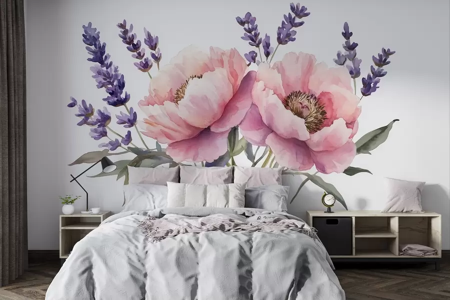 wall murals Божури у стилу акварела, лаванда, цвеће, природне боје w03671