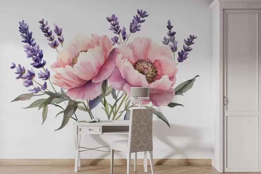 wall murals Божури у стилу акварела, лаванда, цвеће, природне боје w03671