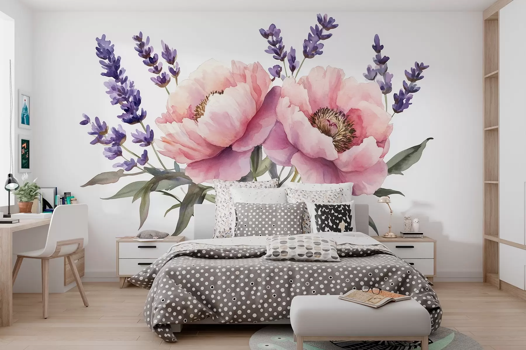 wall murals Божури у стилу акварела, лаванда, цвеће, природне боје w03671