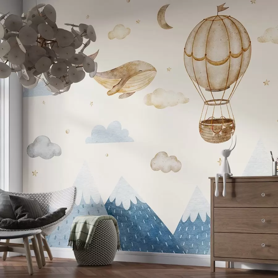 wall murals Ваздушни балон, слатки кит, звездано небо, планине, акварел, плаве и беж боје w03672