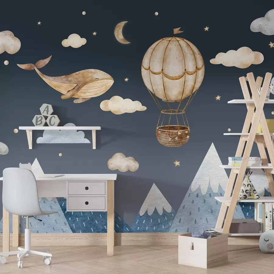 wall murals Ваздушни балон, слатки кит, тамно звездано небо, планине, акварел, плаве и беж боје w03672v1