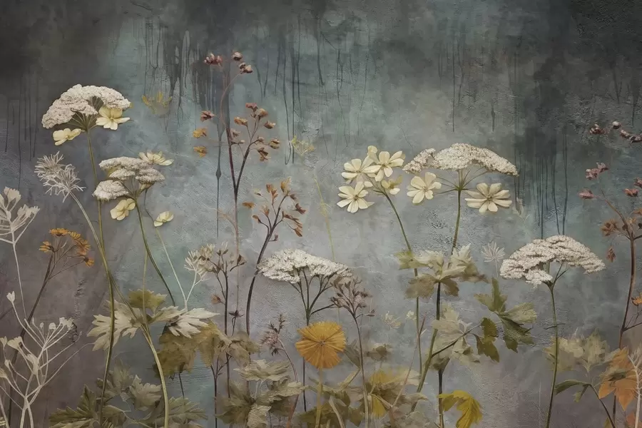 wall murals Дивље цвеће и трава на позадини грунге зида w03697