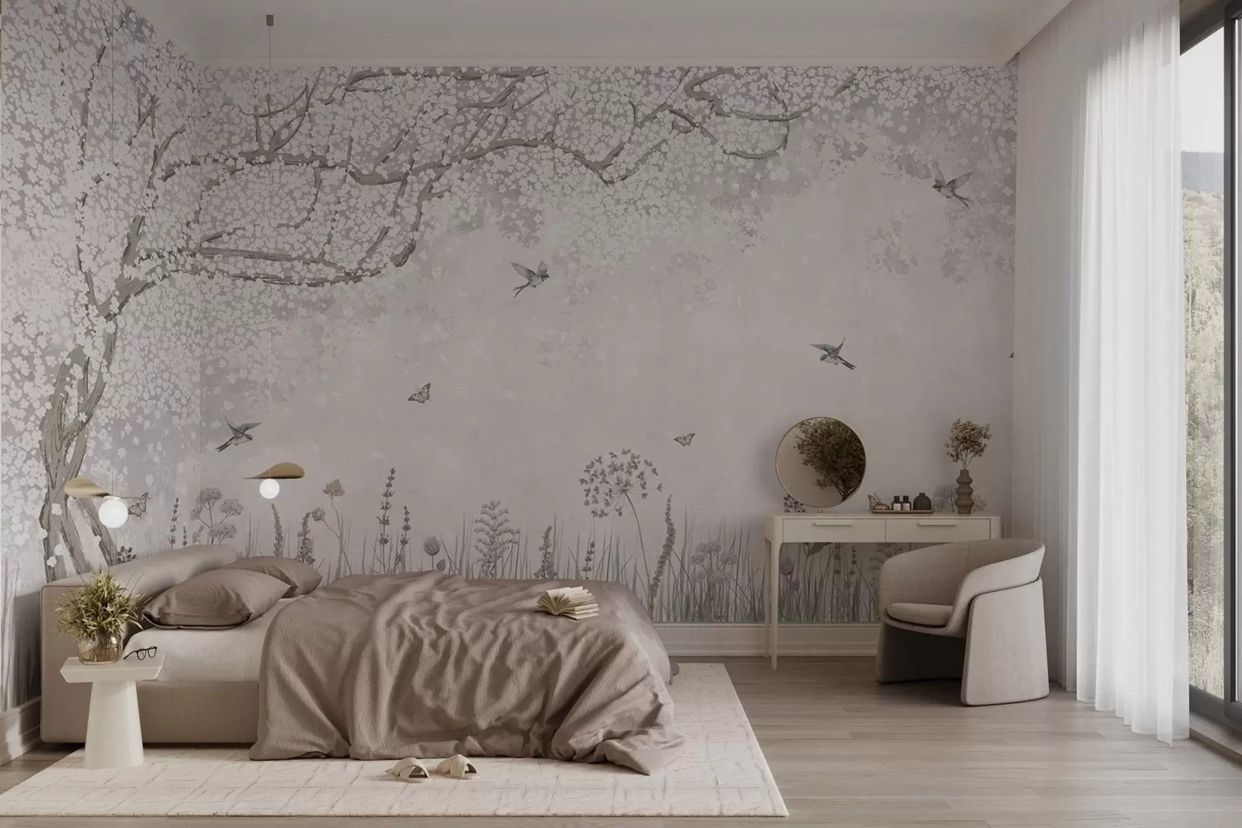 wall murals Цветајуће дрво са дивљим цвећем и птицама w03700