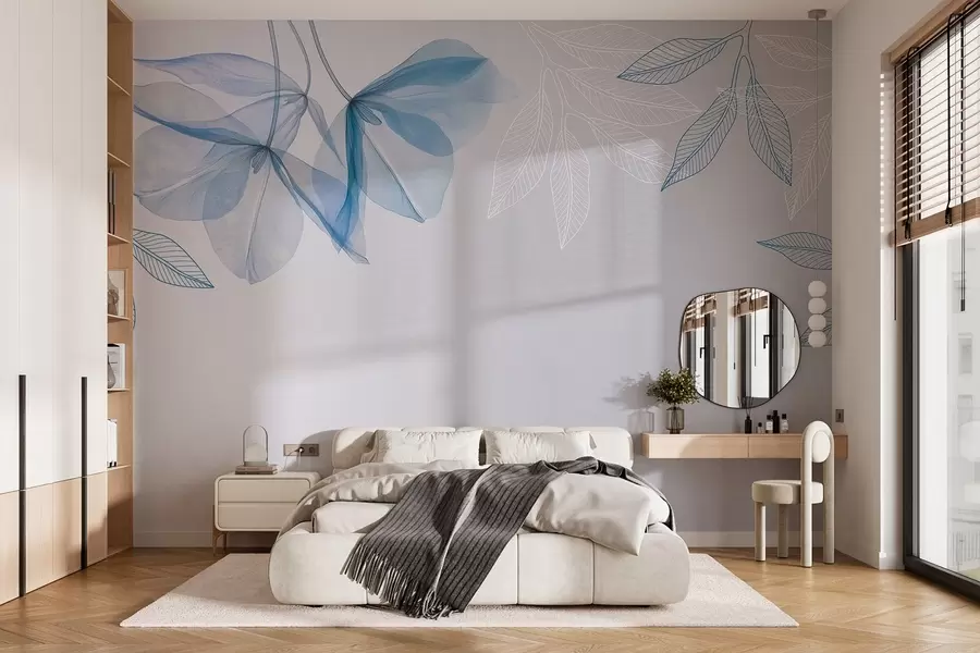 wall murals нежни провидни цветови и листови у плавим тоновима w03616