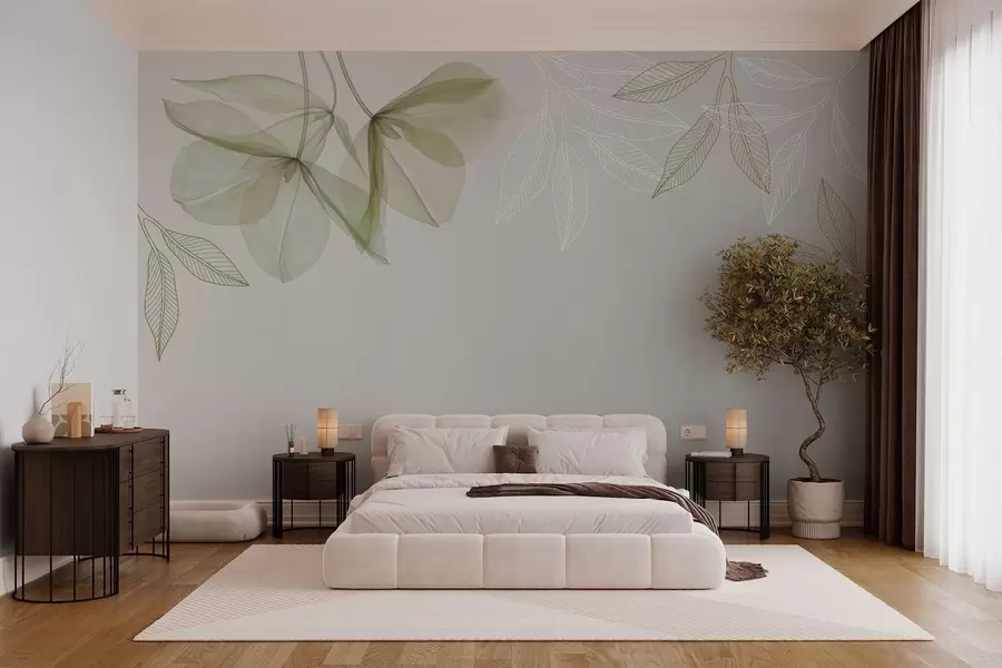 wall murals нежни провидни цветови и листови у каки тоновима w03616v2
