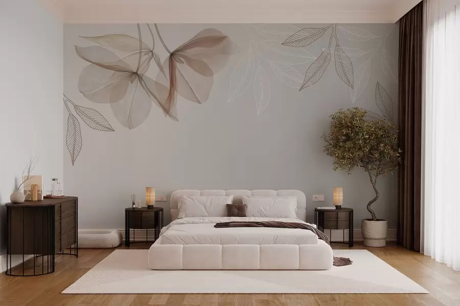 wall murals нежни провидни цветови и листови у тоновима мока w03616v3