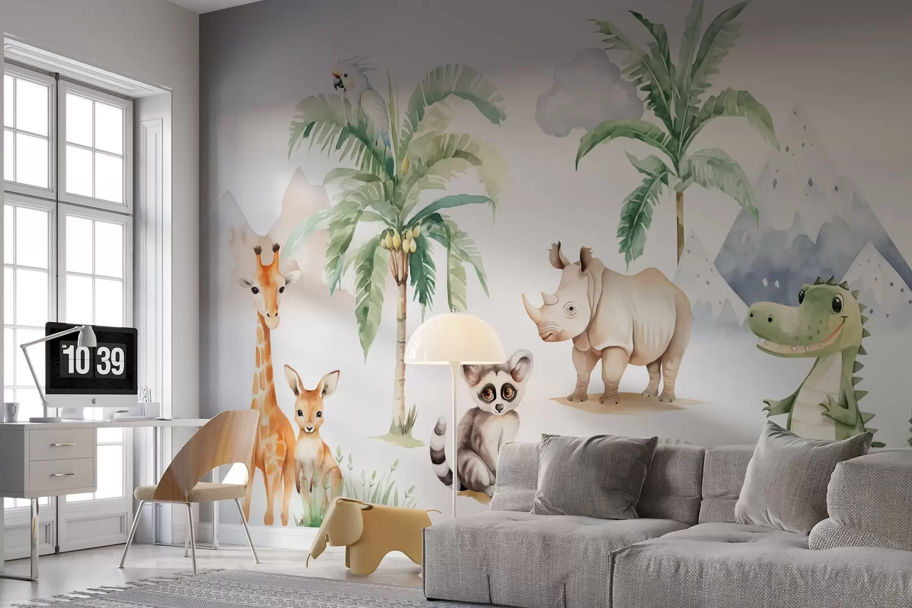 wall murals Тропске животиње у близини палми имитација акварела w03740