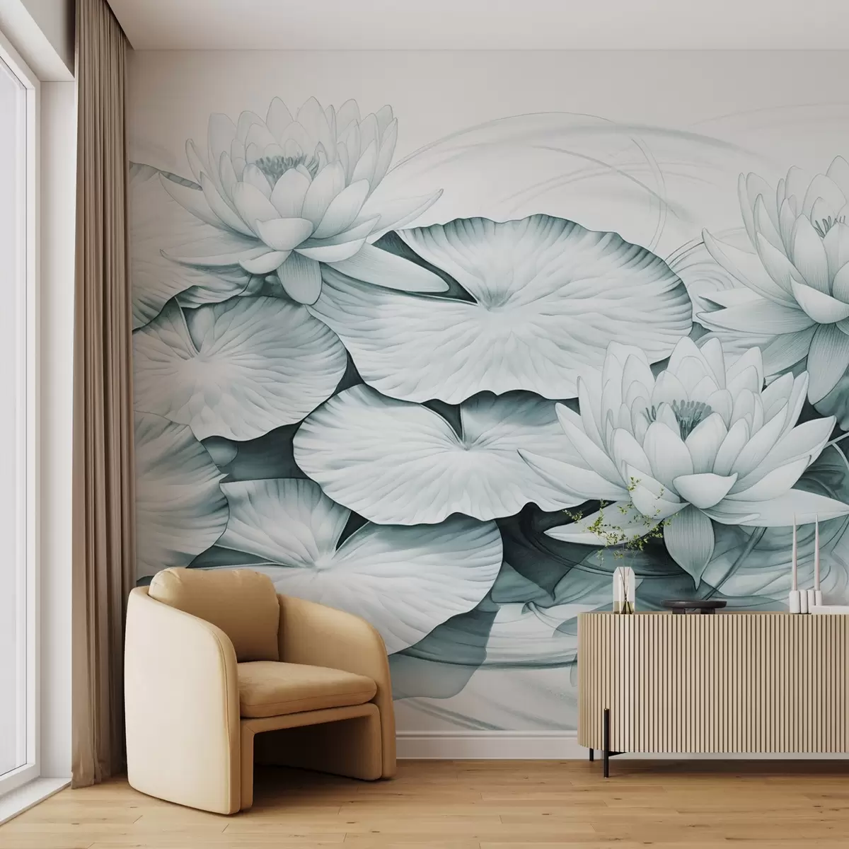 wall murals Локвањи и јастучићи љиљана у рибњаку, тиркизна и бела имитација цртежа оловком, детаљна ботаничка илустрација, уметност природе w09006v1