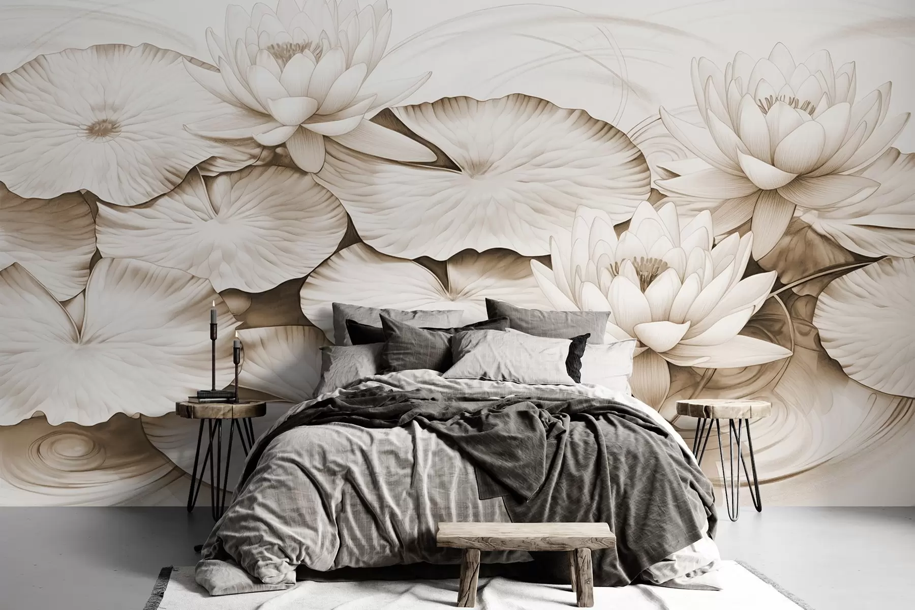 wall murals Локвањи и јастучићи љиљана у језеру, браон и бела имитација цртежа оловком, детаљна ботаничка илустрација, уметност природе w09006v2