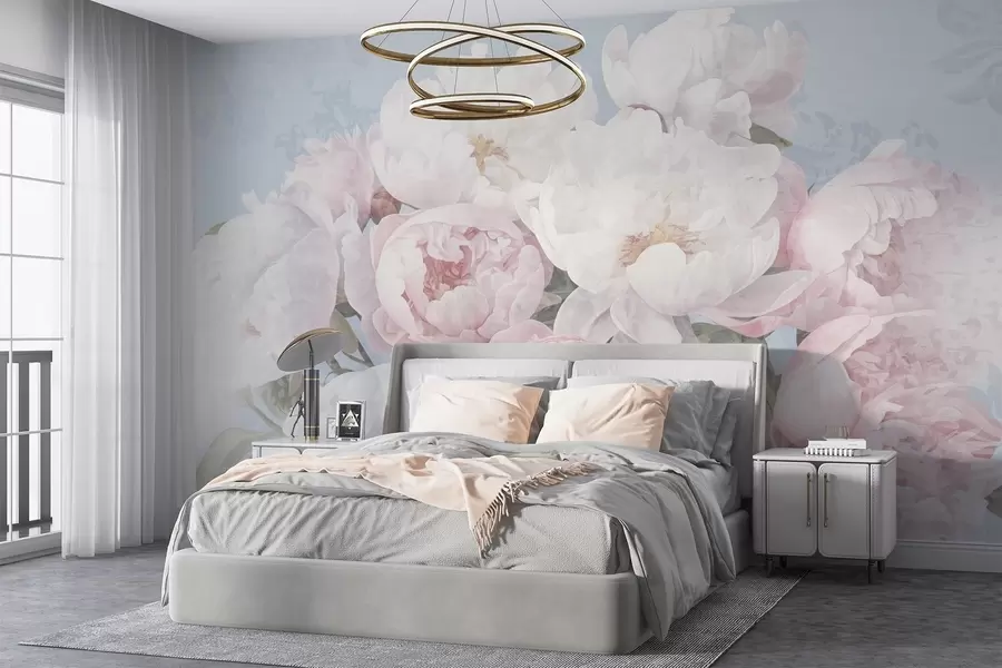 wall murals Текстурирани апстрактни ружичасти и бели божури са зеленим листовима, светло плава позадина, меке и деликатне боје, винтаге стил w09008